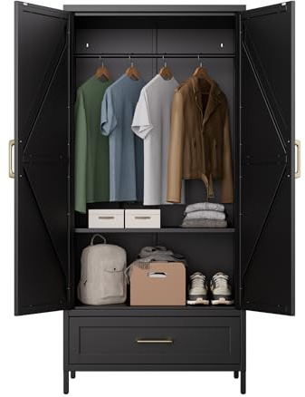 Aobabo Metal Wardrobe Closet with 1 Drawers,Storage Cabinet with Hanging Rod,170cm Metal Wardrobe Cabinet with 2 Doors and Adjustable Shelves for Bedroom, Laundry Room,Office,Black