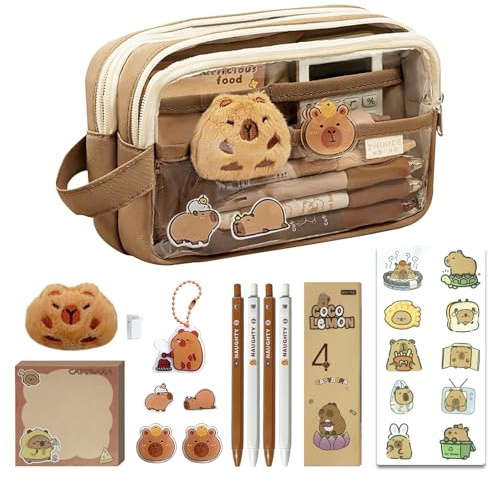 Pmueuff Capybara Federmäppchen, Kawaii Capybara Schreibwaren Set mit Stifte, Sticker, Notizzettel, Anstecknadeln und Anhänger Capybara Schreibwarenbox Cabibara Sachen Geschenke für Jungen Mädchen
