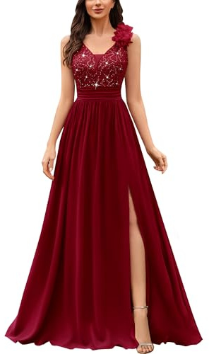 MIUSOL Women's Vintage V-Neck Sleeveless Sequined Lace Split Wedding Formal Evening Maxi Dress (Medium, Red)