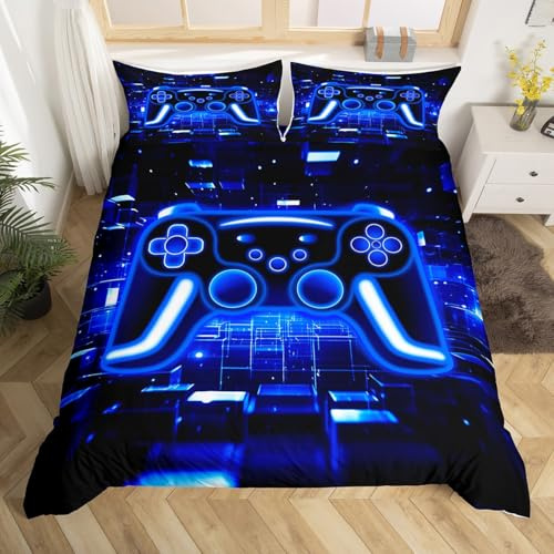 Homewish Gamer Single Duvet Cover Set Gaming Bedding Sets for Girls - Neon Lights Video Game Console Comforter Cover Blue Brick Cube Bed Set with 1 Pillowcase- Gamer Decor for Boys Bedroom
