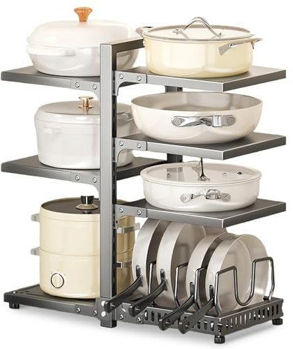 7-Tier Pots and Pans Organiser,Kitchen Cabinet Organizer Multi-Tier Rack | Adjustable, Pots and Lids,Dual-Sided Storage for Bowls,Plates,Cutlery,Skillets and Other Kitchen Accessories.(Gray)