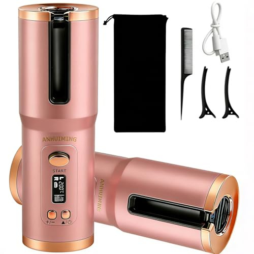 Cordless Auto Rotating Hair Curler Wand Small Curling Iron Pink | Long Lasting20 mm for short/long hair with 5200mAh large battery, Type-C charging, 6 temperatures (150-200°C)