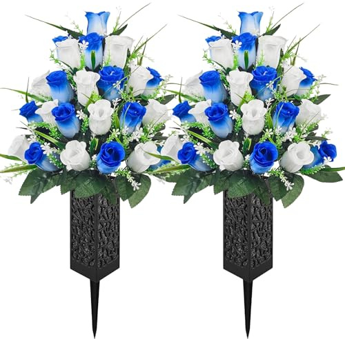 2-Pack Cemetery Flowers for Grave with Spiked Vases, 24-Stem Blue & White Artificial Rose Bouquets, Windproof and Colorfast All-Weather Memorial Decorations for Headstones