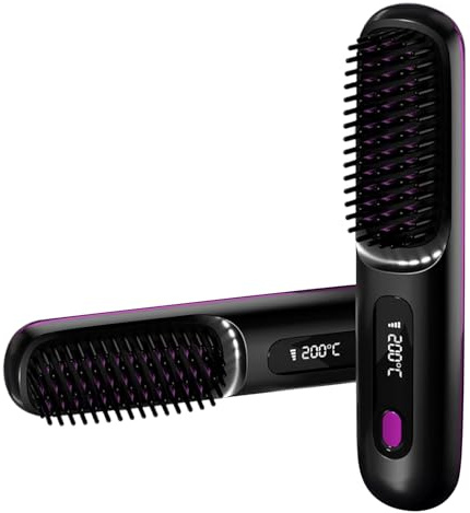 Cordless Hair Straightener Brush Mini Electric Anti-Scald Hot Comb with LED Screen Recargable Hair Heated Brushes for All Hair Type
