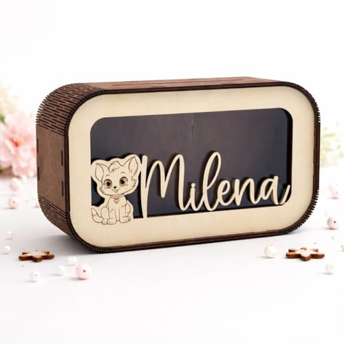 Birdart Box® Personalisierte Spardose für Kinder – Sparbüchse mit Namen und Wunschmotiv aus Holz, schönes Geschenk mit vielen Gestaltungsmöglichkeiten (Nussbraun)
