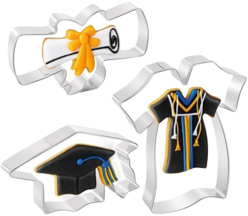 Bemvp 3 Stampini per Biscotti a Tema Laurea, in Acciaio Inossidabile, a Forma di Cappello di Laurea, Diploma, Toga E Abito Laurea. Stampino per Biscotti per Feste di Laurea.