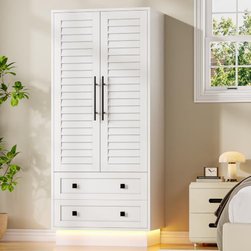 FEONASE 2 Door & 2 Drawer Wardrobe with LED Light,White Wardrobes for Bedroom,175H x 75W x 48D cm