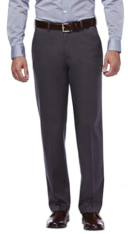 Haggar mens Premium No Iron Khaki Classic Fit Expandable Waist Flat Front dress pants, Dark Grey, 42W x 32L US