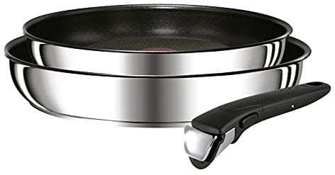 Tefal INGENIO PREFERENCE Lot de 2 Poêles 24/28 cm Antiadhésif + 1 Poignée Amovible Induction L9409202, fabriqué en France, Inox