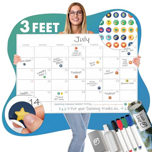 Calendario de pared grande de borrado en seco, sin arrugas, 24 x 36 pulgadas, calendario de tareas borrable sin fecha para 2024, organizador mensual de tareas para el hogar, negocios y dormitorio