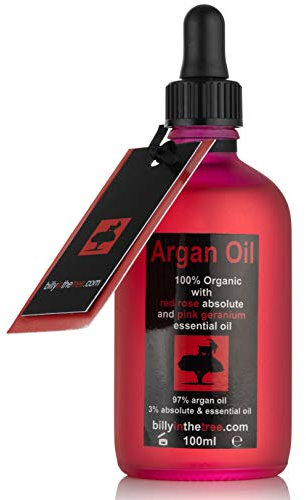 Huile essentielle d'argan pure à la rose rouge et à l'huile essentielle de géranium rose. 100 % biologique. 100 ml. Pour le visage, le corps, les cheveux.