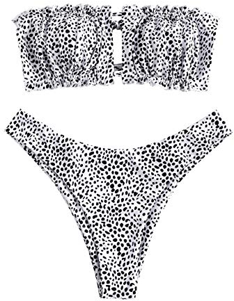 ZAFUL Ensemble bikini bandeau épaules dénudées avec cordon de serrage et volants pour femme, Bacon, L