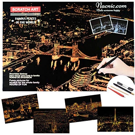 Nacnic Scratch-Art Blätter. DIY Kunsthandwerk für Erwachsene und Kinder. Kratzpapier mit bunten Hintergründen zum Zeichnen. Paris, London, Las Vegas und New York. Größe A4, 4-Blatt Set.