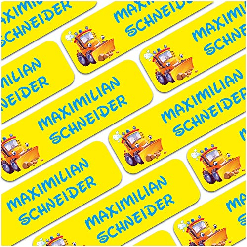 80 x Namensaufkleber Wunschname personalisiert je 3,5x1cm Aufkleber mit Kinder Name Beschriftung Schule Kindergarten Kleidung Sticker (Nr. 01 Bagger, Für feste Oberflächen)