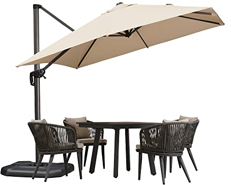 PURPLE LEAF Sonnenschirm 270 x 270 cm Groß Ampelschirm mit Kurbel 360-Grad Drehbar mit Fußpedal und Kreuzsockel für Terrasse, Balkon Sonnenschutz, beige