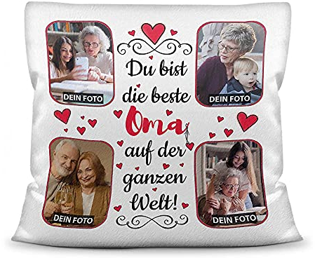 Kissen mit Füllung zum selbst Gestalten mit 4 Fotos - Für die Beste Oma - Hochwertige Kissenhülle mit Reißverschluss, Weiß flauschig, 40 x 40 cm