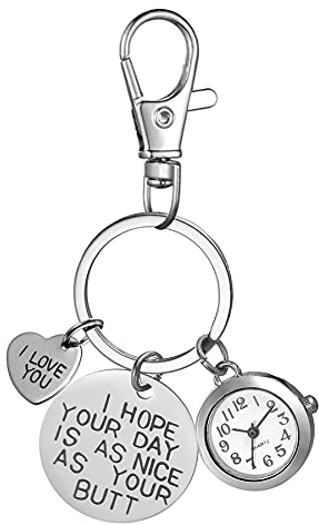 JewelryWe Karabineruhr Taschenuhr mit Schlüsselanhänger: Karabiner Uhr mit Gravur I Love You Herz Rund Kreis Anhänger Analog Quarz Schlüsselring Schlüsselbund Uhr Geschenk für Herren Damen Silber