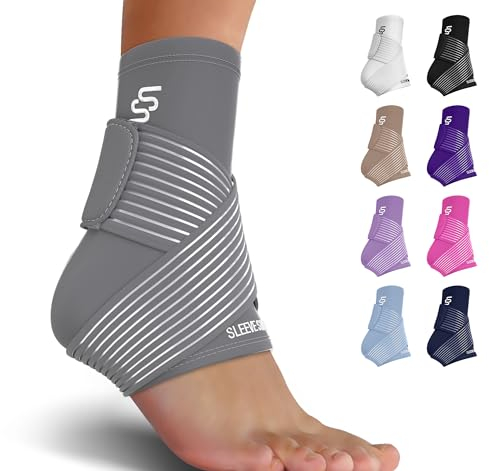 Sleeve Stars Ankle Brace for Women & Men, Ankle Wrap for Sprain, Compression Sleeve for Plantar Fasciitis Relief, Easy Customizable Support: w/Removable Strap (Single/Gray)
