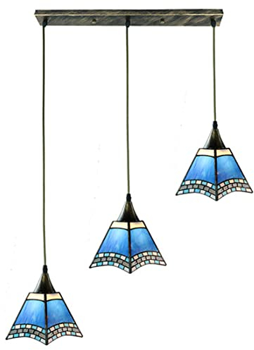 Tiffany Esszimmer Lampe Rustikale Vintage Büro Hängelampe Höhenverstellbar Retro Rechteckig Mediterranes Blau Glas Pendelleuchte Schlafzimmer Arbeitszimmer Küche Kronleuchter Rustic 3-flammig, D55cm