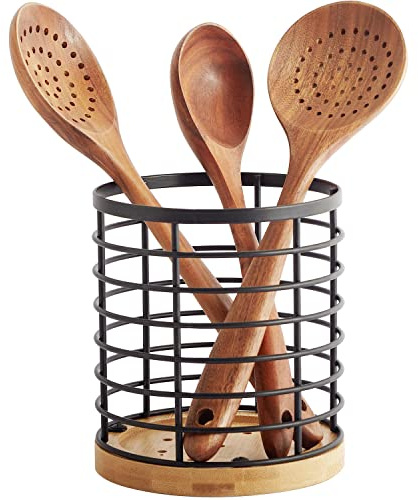 WDT Tool Utensil holder for Kitchen Counter - 5.2 x 5.2 x 6 Large Round with Wooden Base Matte Black Cooking Utensil Holder Utensil Organizer (Metal+Bamboo)