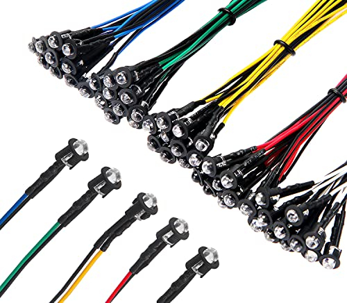 Lyeteung 50 Stücke 5mm 12V Vorverdrahtete LED Dioden Licht, Weiß Rot Gelb Blau Grün, 5mm LED Dioden mit 20cm Kabel + 50 Stücke 5mm Plastik LED Dioden Halter