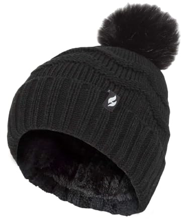HEAT HOLDERS Ladies Winter Fur Beanie Hat Zigzag Patterned Pom Pom Hat | Womens Thermal Cuff Bobble Hat