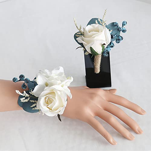 Fouriding Set di bouquet da polso per matrimonio, colore blu crema, set di fiori artificiali, decorazione per sposo, sposa, banchetto, festa
