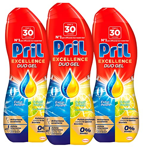 Pril Excellence Duo Gel Lavastoviglie Detergente Brillantante Limone Extra-Potere Sciogli Grasso Pulizia Profonda Contro Sporco Bruciato 0% Residui Basse Temperature Cicli Brevi - 3 Flaconi da 600ml