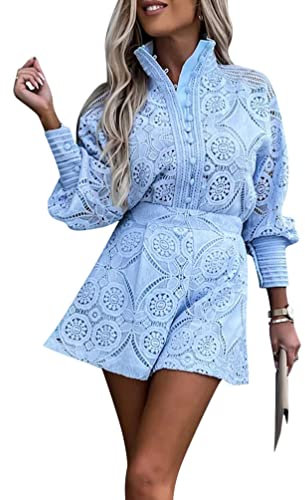 Minetom Zweiteiler Damen Spitze Hosenanzug Oberteile + High Waist Shorts Elegant Einfarbig Kurze Hose Outfit Sets Party Loungewear Freizeitanzug A Blau S