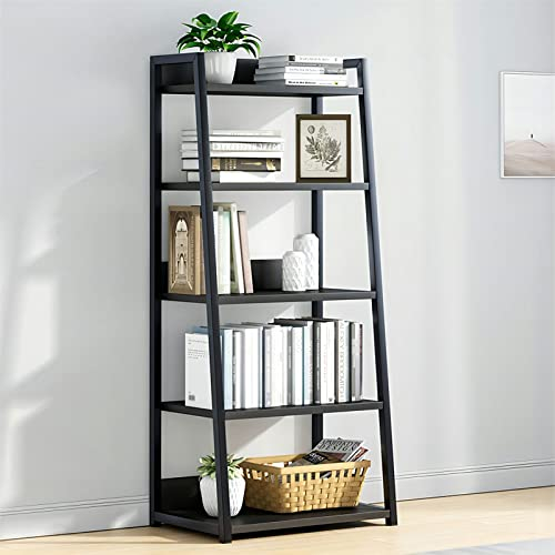 IOTXY Schwarz 5-Regalböden Offenes Bücherregal - Metall-Holz-Bücherständer-Regal, Leiter-bücherbord, Open Shelf Bookcase, Bookshelf
