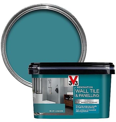 V33 Renovation Wall Tile & Panelling Paint - No Undercoat Needed - For High Moisture Surfaces - Resistant To Temperature Variations - Lagoon Blue 2 Litres