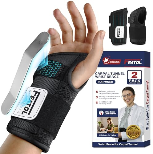 FEATOL 2 Pack Carpal Tunnel Wrist Brace For Work With Wrist Splint, 6.5'' Hand Brace Night Support For Women Men, Pain Relief For Tendonitis, Arthritis, Pregnancy, Typing, Right and Left Hand, Small