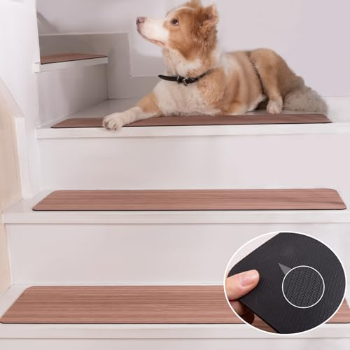 HOPEVIVA Peldaños de goma antideslizantes, para interiores para peldaños de madera, tiras antideslizantes, alfombrillas para escaleras de sótano para mascotas, niños y ancianos, madera marrón, 30 x 8