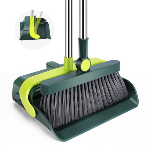 HEVOL Recogedor y Escoba de Mango Largo, Recogedor y Escoba Plegable con Peine Dentado, Cepillo Barrer para Limpieza de Habitaciones Cocina Oficina Jardín - Verde