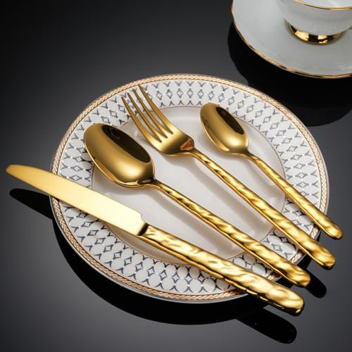 ESSONIO Besteckset Gold Besteck Set 16 Personen 80-Piece Cutlery Set with Welligkeit Handles Spiegelpoliertes Besteckset Spülmaschinenfest Elegantes Tafelbesteck für Home
