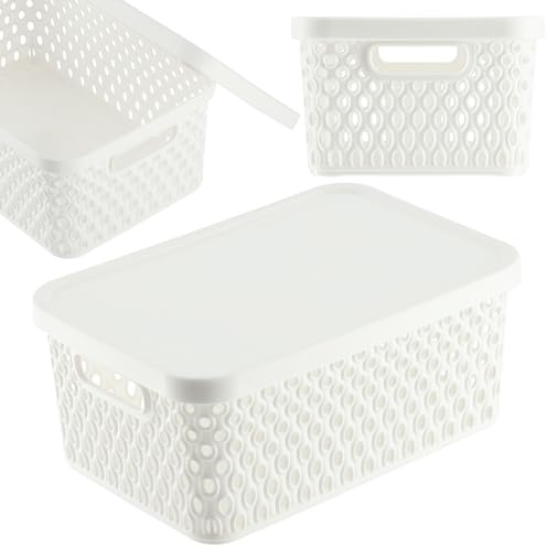 KADAX Aufbewahrungskorb, Korb mit Deckel, Aufbewahrungskiste, Aufbewahrungsbox aus Plastik, Moderner Regalkorb, Behälter mit Lüftungslöchern (4,5L, Weiß)