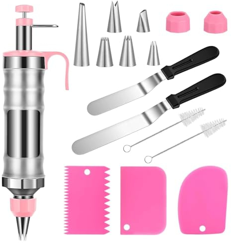 TAKUZA Lot de 14 seringues à garniture en acier inoxydable - Seringue à gâteau professionnelle en acier inoxydable - Pour décorer des gâteaux avec 6 douilles - Avec récipient transparent - Pour
