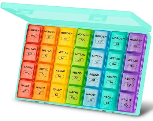 Tablettenbox 7 Tage Große Fächer, Medikamentenbox 7 Tage 4 Fächer BPA Frei Tabletten Box 7 tage Morgens Mittags Abends Nachts, Woche Pillen Organizer Pillendose Groß Reise für Vitamin (Cyan)