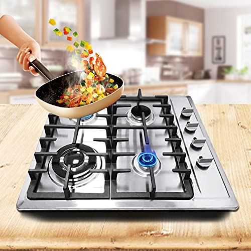 Cocina de Gas, 23 Pulgadas, 4 Quemadores, 59 x 51 cm, Placa de Gas y Propano Integrada, Acero Inoxidable, 3,0 KW, 2 + 1,75 KW + 1,0 KW, Cocina de Gas Encendido de la Batería