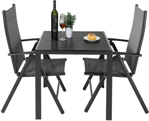 LIFERUN Ensemble Salon de Jardin Exterieur 2 Personnes, Aluminium Ensemble de Meubles de Balcon 2 Places, WPC Table de Jardin Exterieur avec 2 Chaises Pliantes, Mobilier Terrasses 3 Pièces, Noir