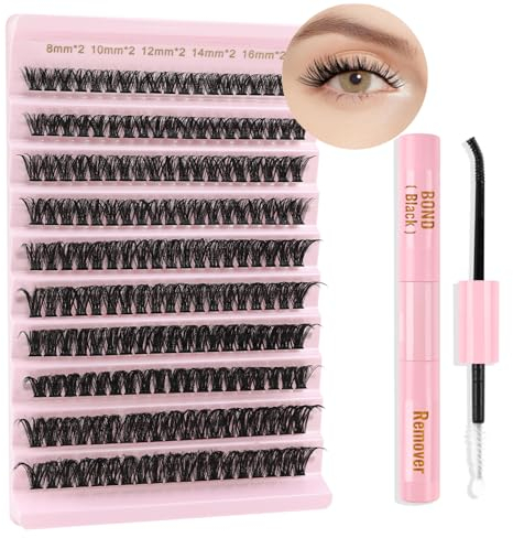 Poiuyoiu Kit D'extension de Individuels Eyelashes de 8 à 16mm de Longueur Avec Colle et Dissolvant Pour Faux Cils épais Cluster Lashes 60D Volume Courbé en D Application Réutilisable à la Maison