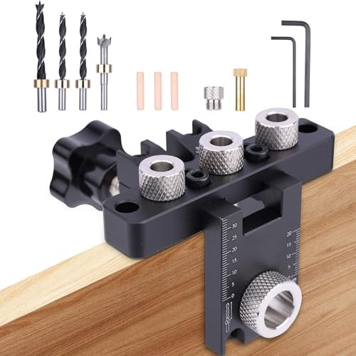 Quorium 3-in-1 Pocket Hole Jig Kit, 8/10/15 mm Pocket Hole Wooden Dowel Drilling Template Set with Positioning Clip Adjustable Drill Guide Puncher Locator