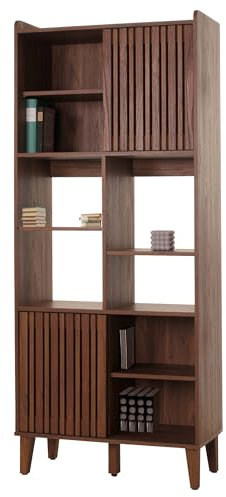 Mendler Bücherregal HWC-M48, Bücherschrank Hochschrank, Schiebetür 8 Staufächer MDF 178x75x35cm - Walnuss-Optik