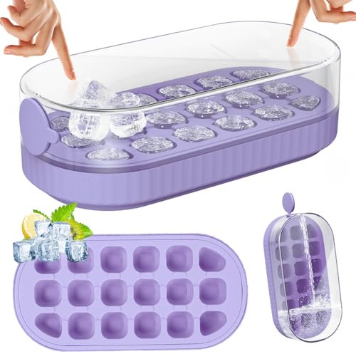 PKBD Cubitera con Tapa y Recipiente, Moldes Silicona para Cubitos de Hielo de 18 Piezas para Congelador, Fácil Apertura, Llenado Rápido Sin Tocar, Cubitera para Cóctel de Whisky, Té, Café, Violeta