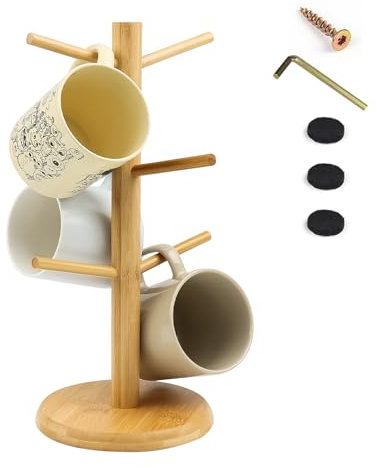ROYUEXT Bamboo Wood Mug Tree Cup Holder Rack with Thickened Base, 6 Hooks, Anti-Slip Pads for Kitchen Coffee Bar
