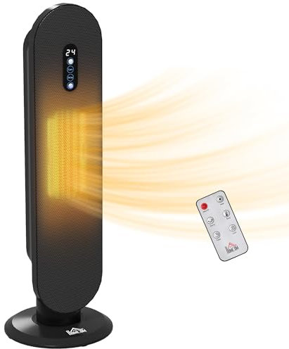 HOMCOM Ceramic Space Heater, Indoor Tower Heater with 2 Heat, Oscillation, Remote Control, Timer, Tip-Over & Overheating Protection, 1200W/2000W, Black