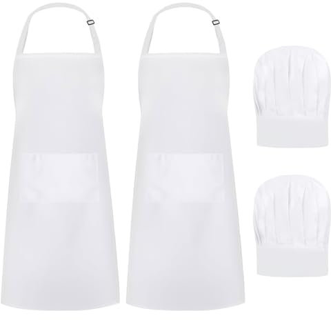 YGKYMVW Kochmütze Schürze Set, 4 Stück Verstellbare Latzschürze Kochschürze, Männer Frauen Weiß Kochmütze Atmungsaktive Backschürze mit zwei Taschen für Küche Hause Restaurant Hotel