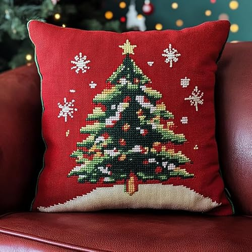 WallustrioaW Weihnachtsbaum Kreuzstich Kissen Set,Weihnachten,Stickset Kreuzstich Set Vorgedruckt,Kissen 45x45cm stickset anfänger,Heimdekoration