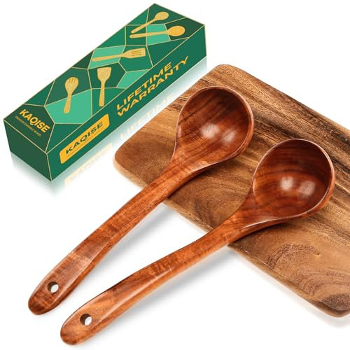 Wooden Spoons for Cooking, 2Pcs Durable Teak Wood Ladle, Large Soup Spoons for Serving, Mixing and Stirring