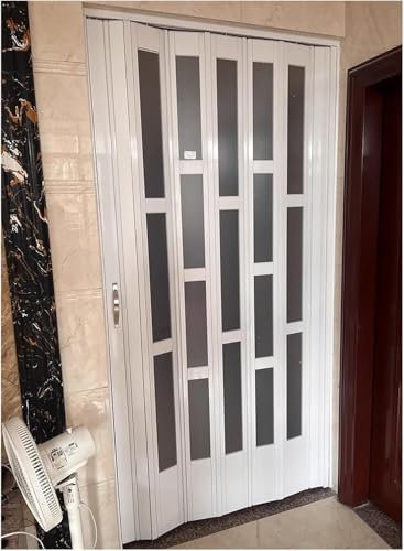 SAFWELAU Porte Intérieure Porte De Douche Accordéon Porte accordéon blanche avec verre acrylique givré, Portes coulissantes multiples de salle de bains de cuisine, Séparateur de pièce enroulable, 50-2
